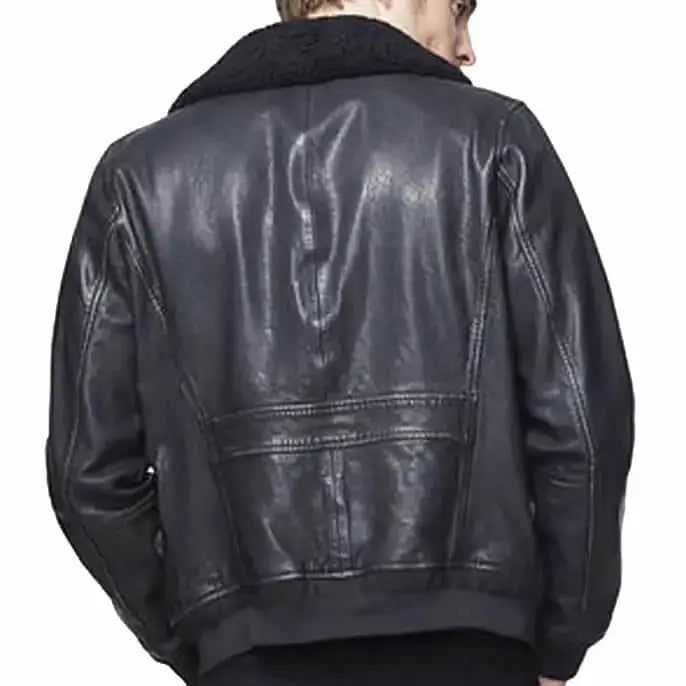 Men’s Black Leather Bomber Jacket with Faux-Fur Collar