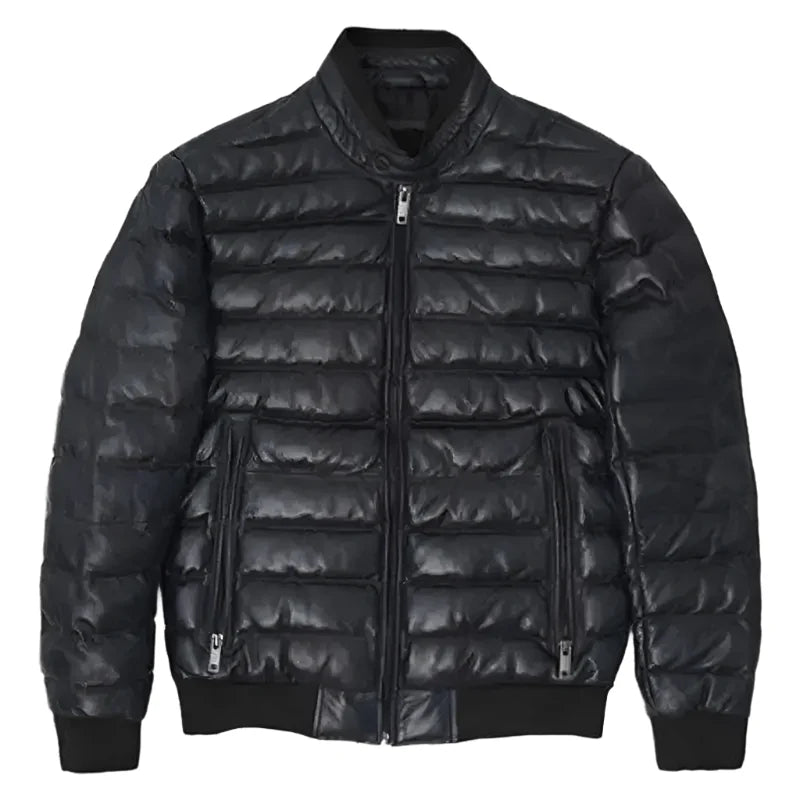 Men’s Black Leather Puffer Bomber Jacket
