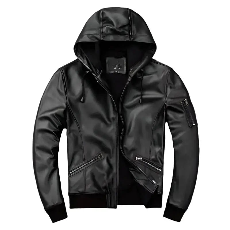Men’s Black Hooded Leather Jacket