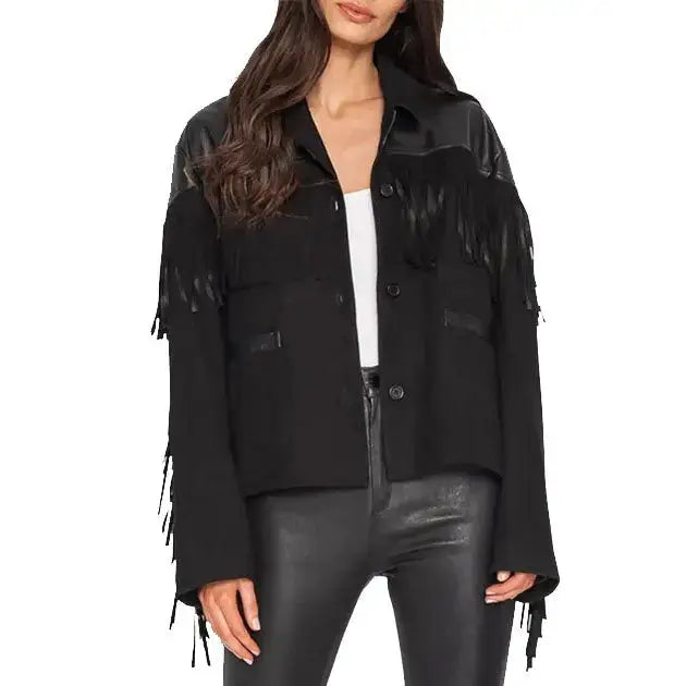 Women’s Suede Fringe Jacket with Leather Shoulders – Western Cowgirl Shirt