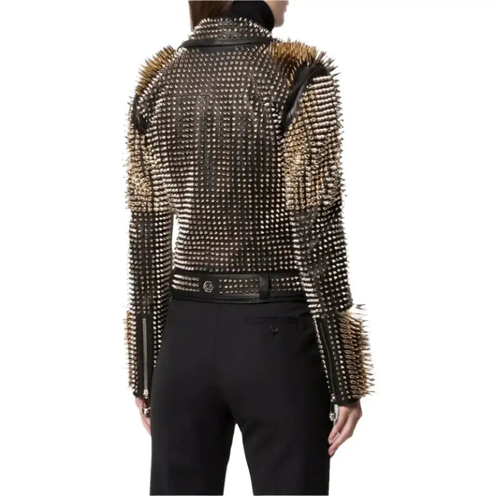 Women’s Golden Studded Leather Biker Jacket