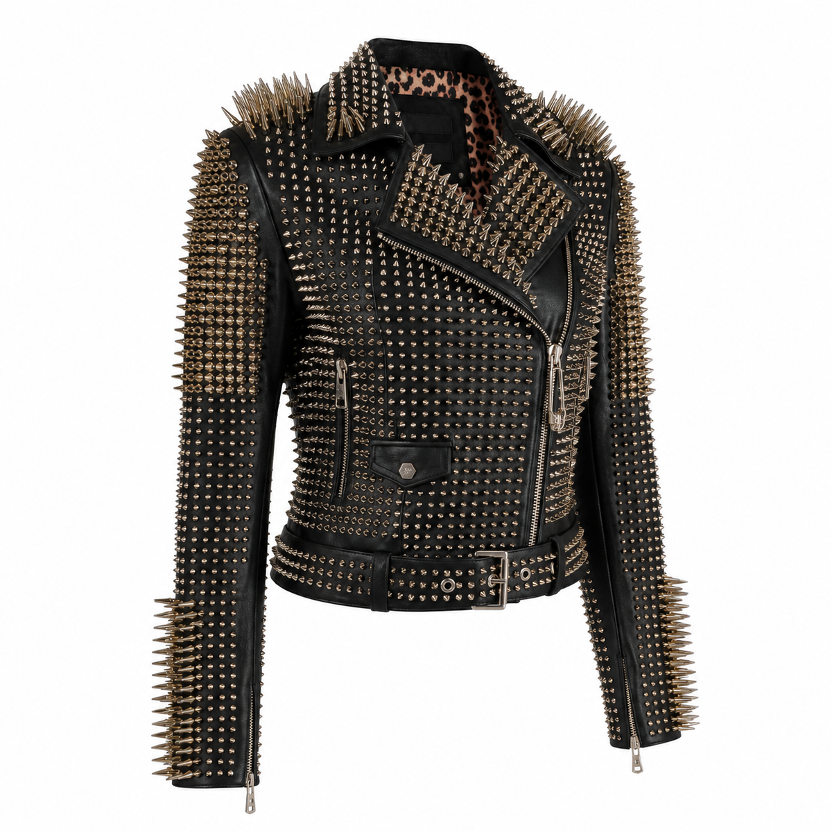 Women’s Golden Studded Leather Biker Jacket