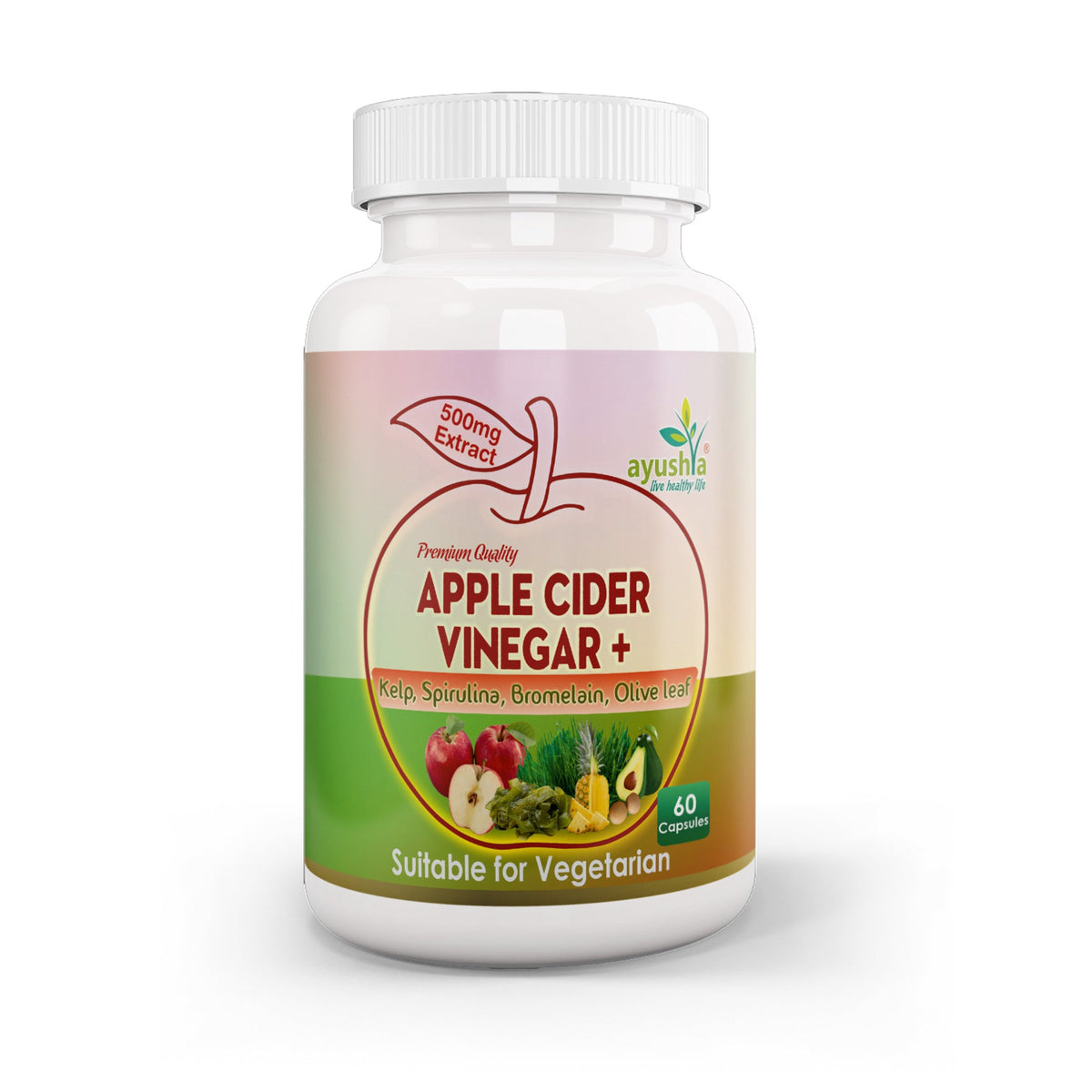 Ayushya Apple Cider Vinegar Capsules (ACV) with Kelp, Spirulina, Bromelain, Olive Leaf Digestive & Metabolic Wellness Support - Vegan, Gluten Free, Non-GMO, 60 Capsules