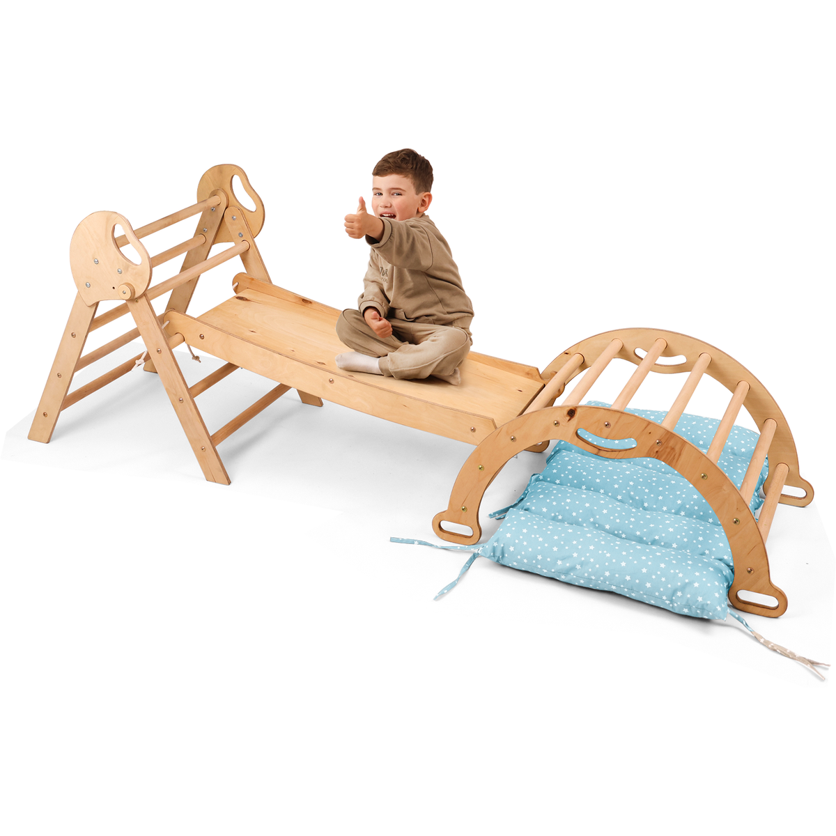 4in1 Montessori Climbing Frame: Pikler Triangle + Arch + Slide Board + Cushion for Toddlers (1–3 Years)
