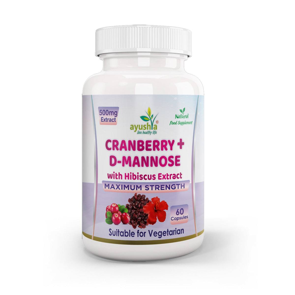 Ayushya Cranberry D-Mannose with Hibiscus Capsules Urinary UTI Bladder Wellness Support Cystitis - Vegan, Gluten Free, Non-GMO, 60 Capsules