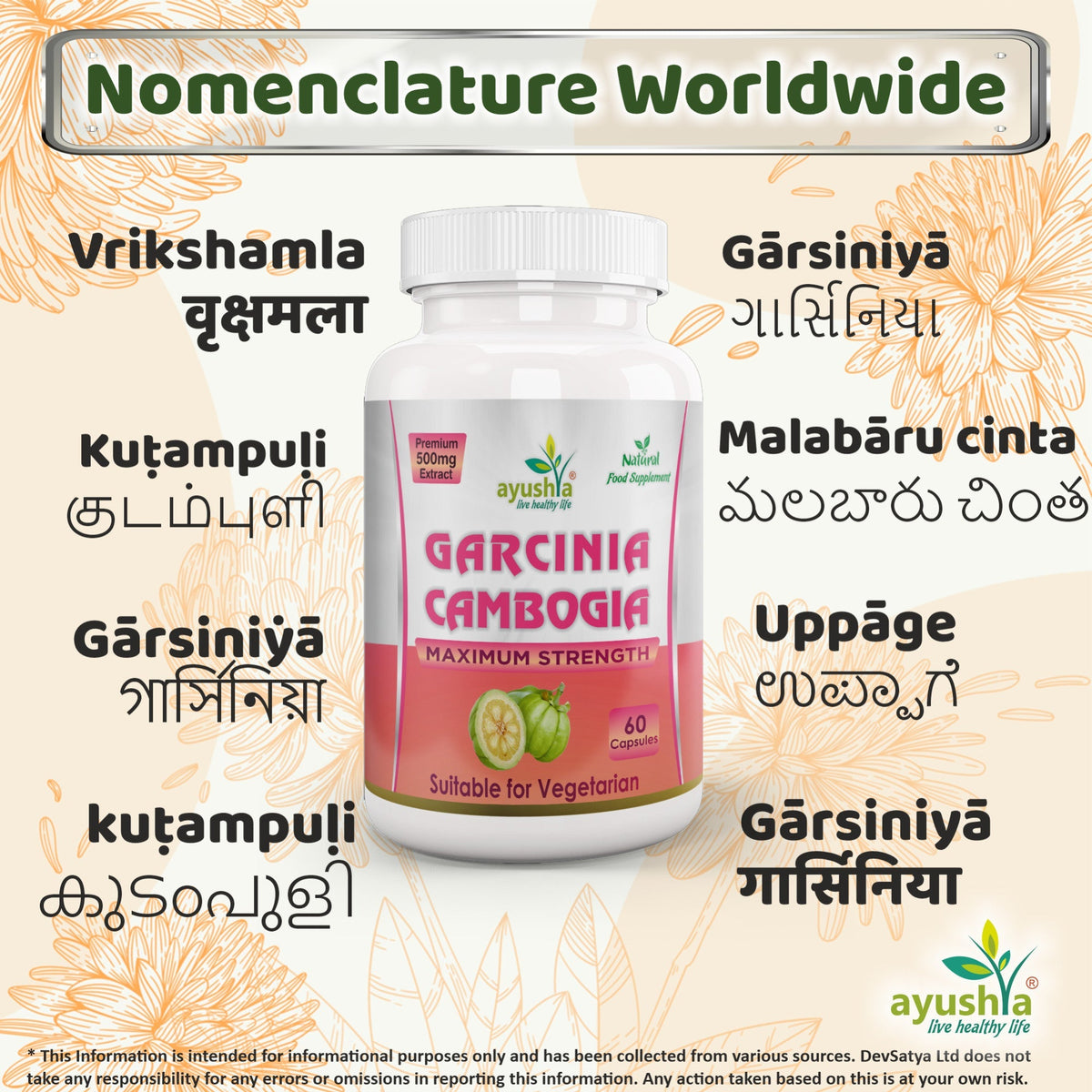 Ayushya Garcinia Cambogia Capsules (Malabar Tamarind) Healthy Weight Support - Vegan, Gluten Free, Non-GMO, 60 Capsules