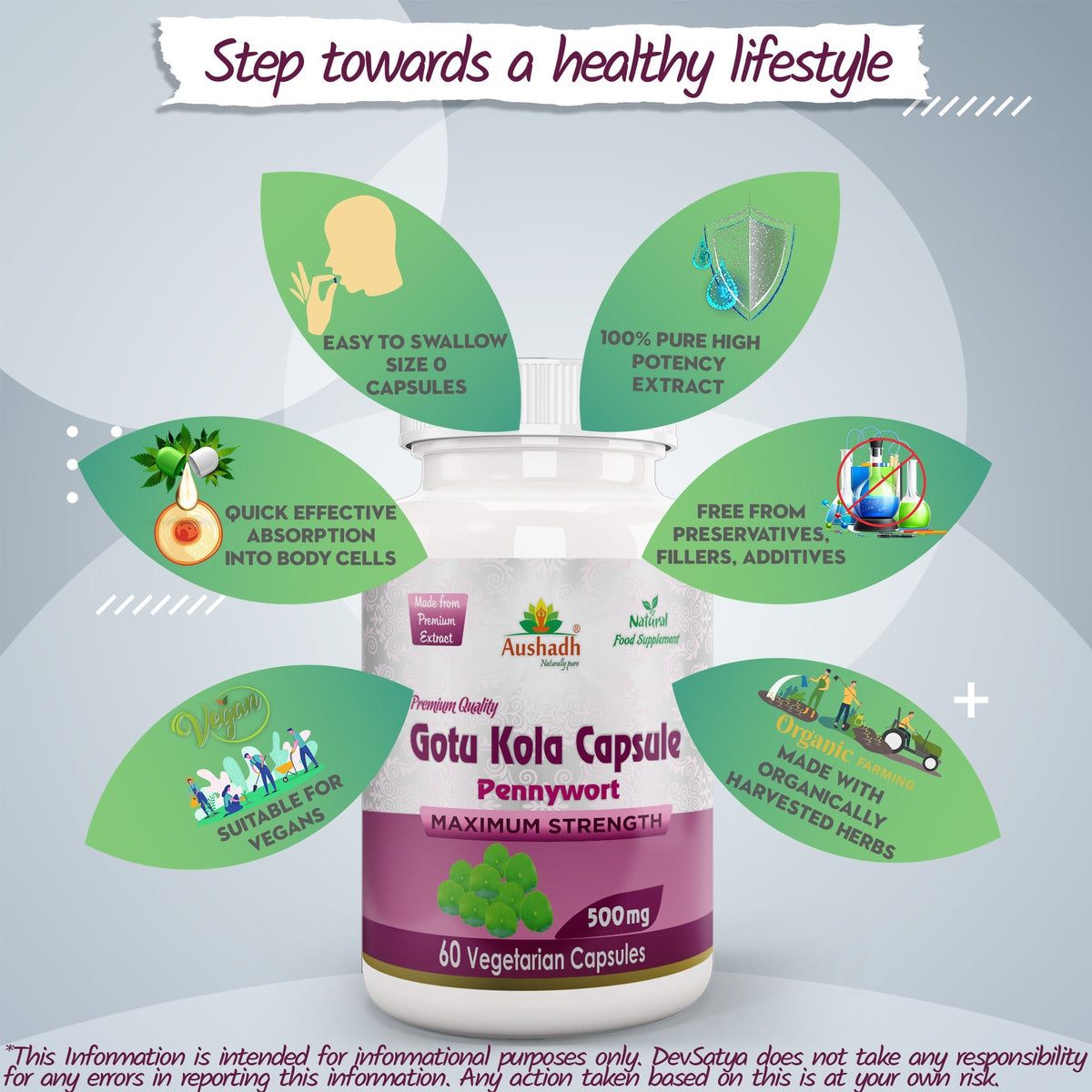 Aushadh Gotukola Capsules (Centella) Memory & Skin Support - Vegan, Gluten Free, Non-GMO, 60 Capsules