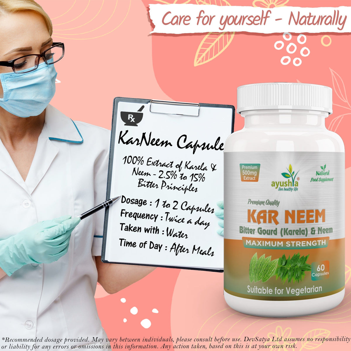 Ayushya KarNeem Capsules (Karela & Neem Blend) Glucose Wellness Support - Vegan, Gluten Free, Non-GMO, 60 Capsules