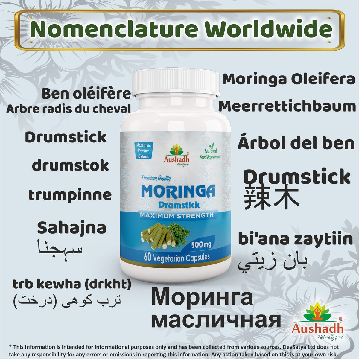 Aushadh Moringa Oleifera Capsules (Drumstick Tree) Energy & Nutrition Support - Vegan, Gluten Free, Non-GMO, 60 Capsules