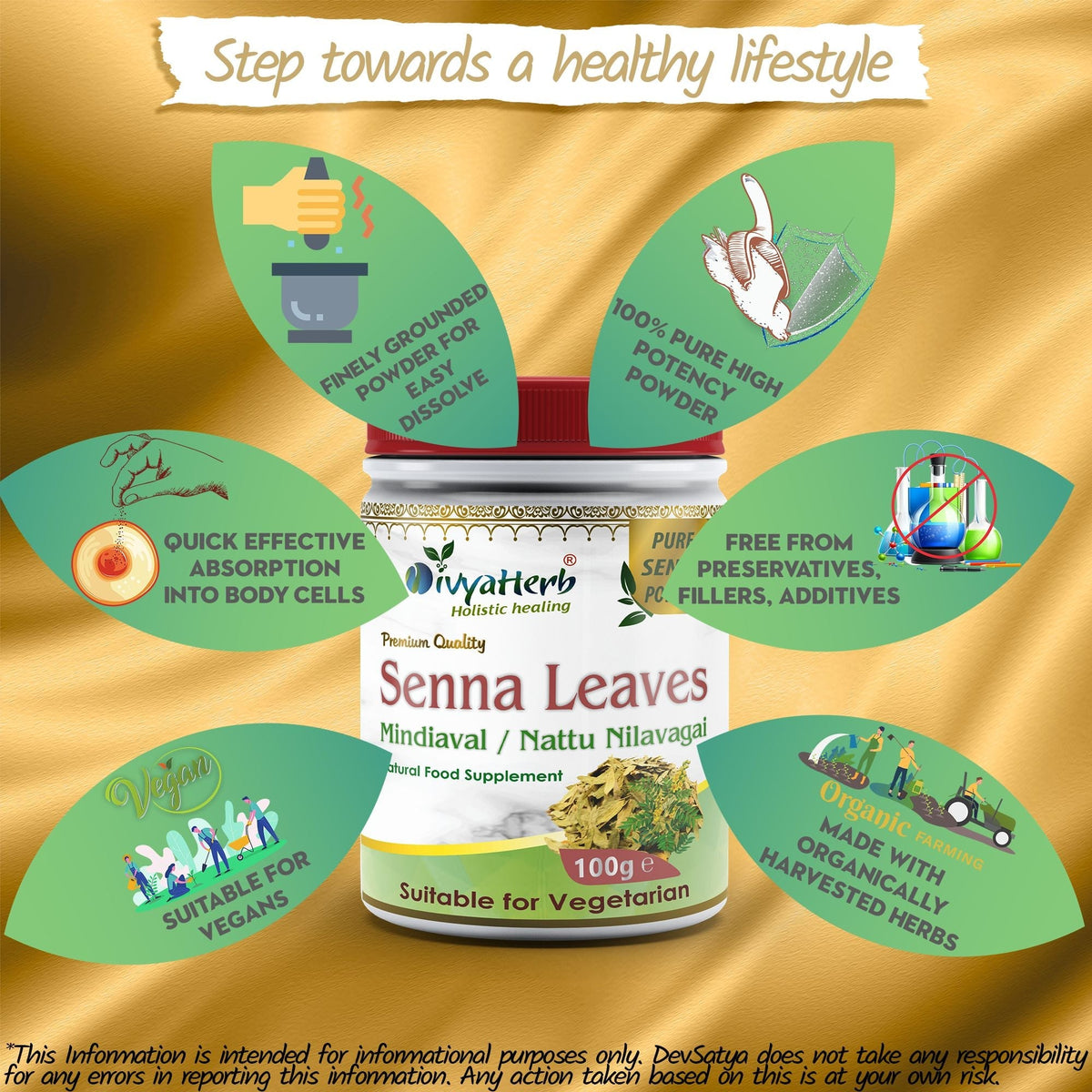 DivyaHerb Senna Leaves Powder 100 gram - Bowel Regularity Support