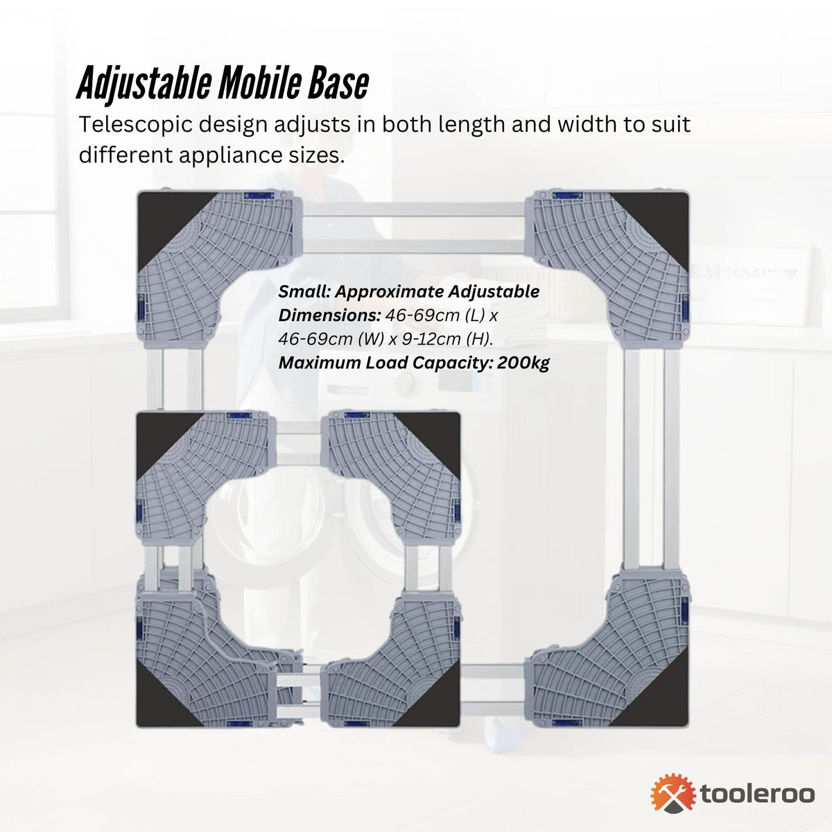 Tooleroo Washing Machine Stand - 200Kg Adjustable Wheeled Fridge Appliance Base