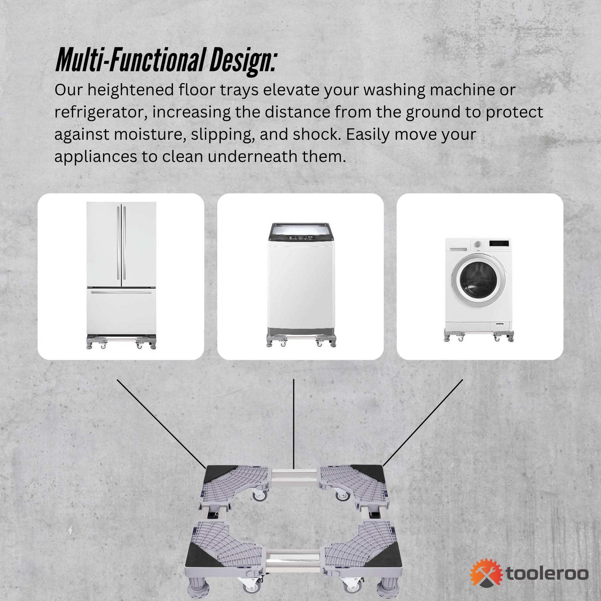 Tooleroo Washing Machine Stand - 300Kg Adjustable Wheeled Fridge Appliance Base