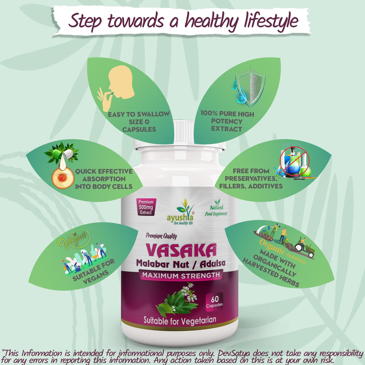 Ayushya Vasaka Capsules (Malabar Nut, Adulsa) Respiratory Comfort Support - Vegan, Gluten Free, Non-GMO, 60 Capsules