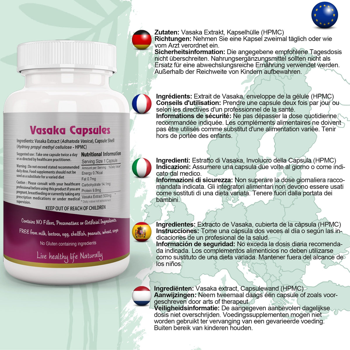 Ayushya Vasaka Capsules (Malabar Nut, Adulsa) Respiratory Comfort Support - Vegan, Gluten Free, Non-GMO, 60 Capsules