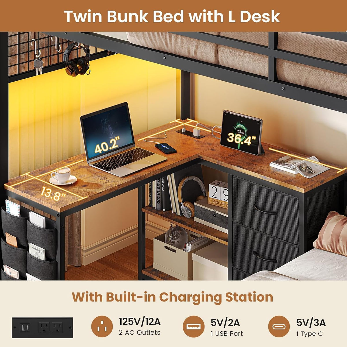 Black Twin Over Twin Bunk Bed Space Saving Storage Solution