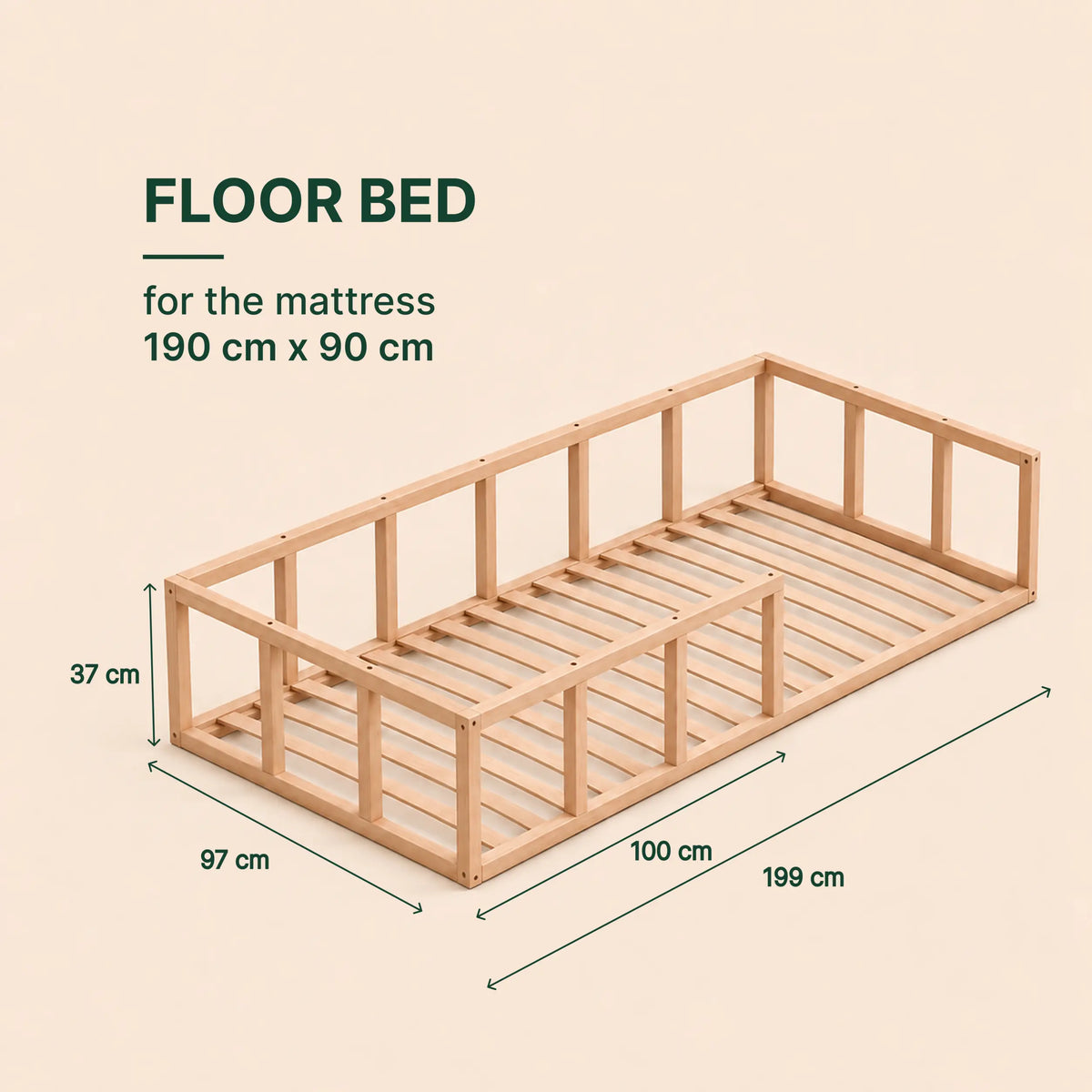 Single Montessori Floor Bed with Guard Rails – Wooden Bed for Toddlers & Kids
