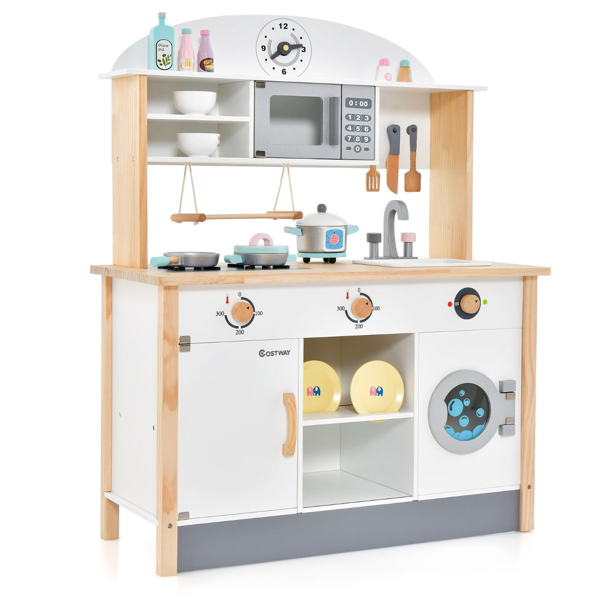 NNECW Kids Wooden Kitchen Playset with Microwave & Washing Machine for Aged 3-10 Years Old