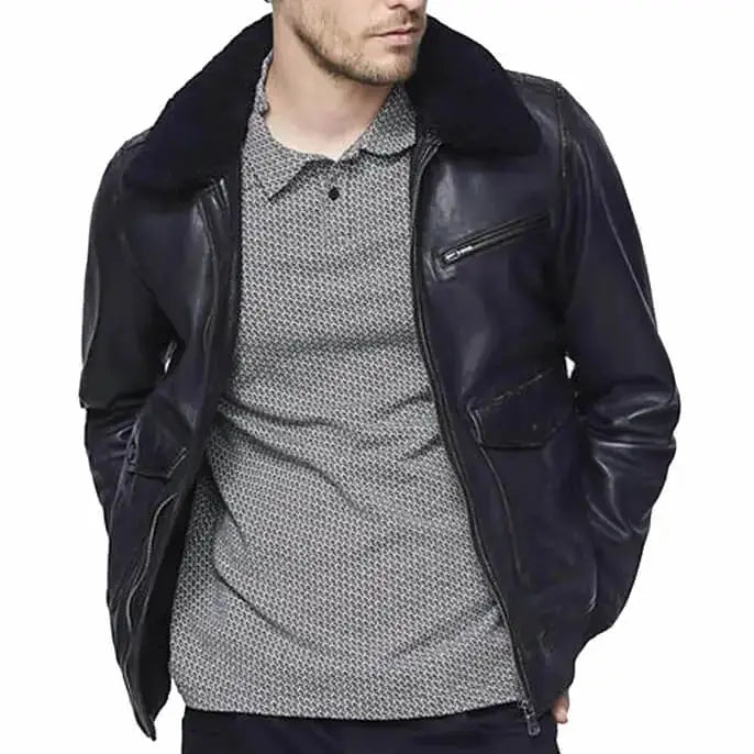 Men’s Black Leather Bomber Jacket with Faux-Fur Collar