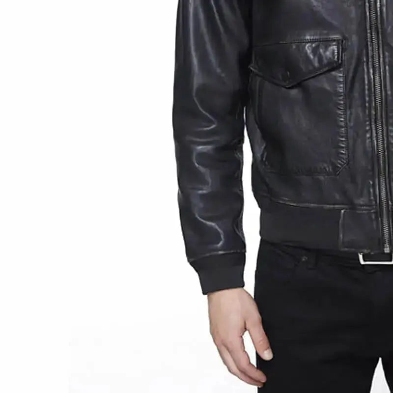 Men’s Black Leather Bomber Jacket with Faux-Fur Collar