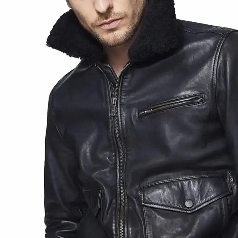Men’s Black Leather Bomber Jacket with Faux-Fur Collar