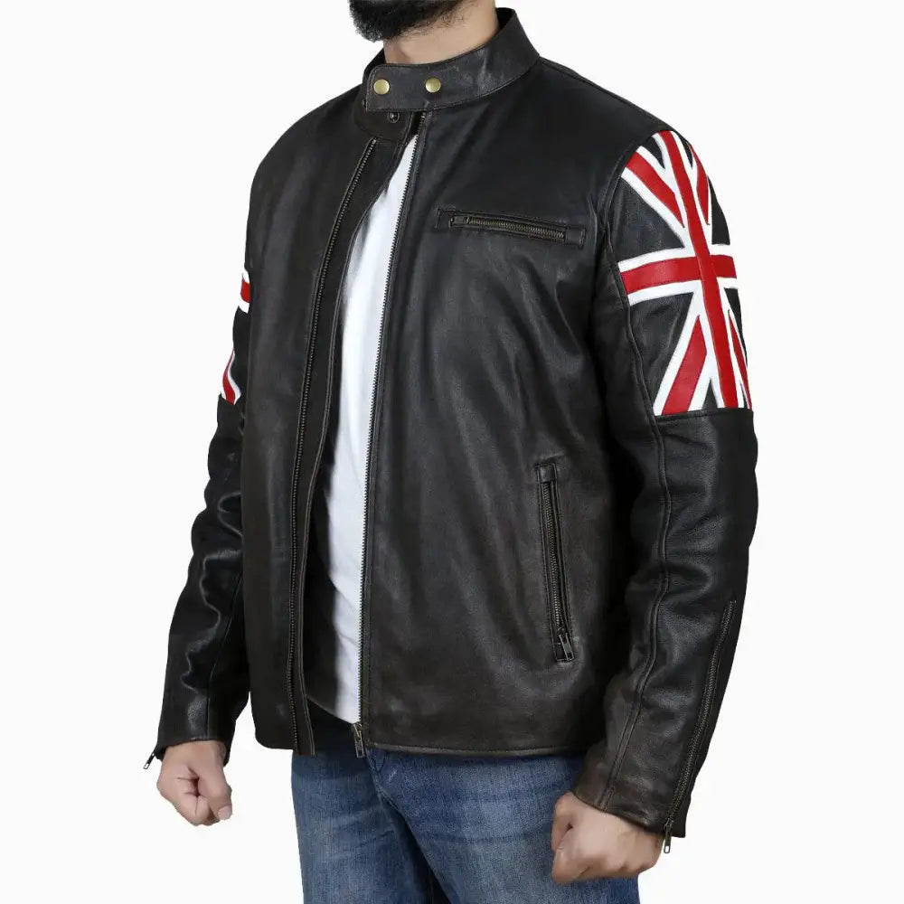 Men’s Brown Leather Jacket with Uk Flag Appliqué