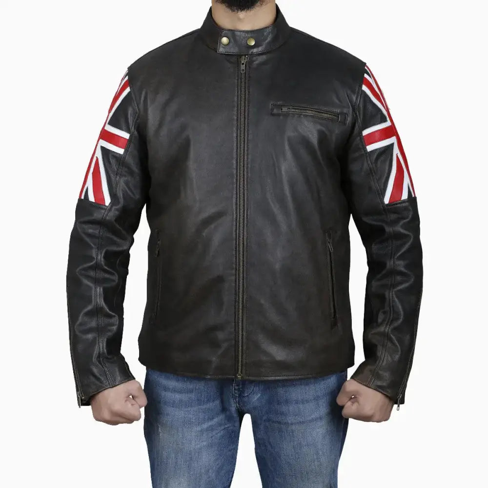 Men’s Brown Leather Jacket with Uk Flag Appliqué