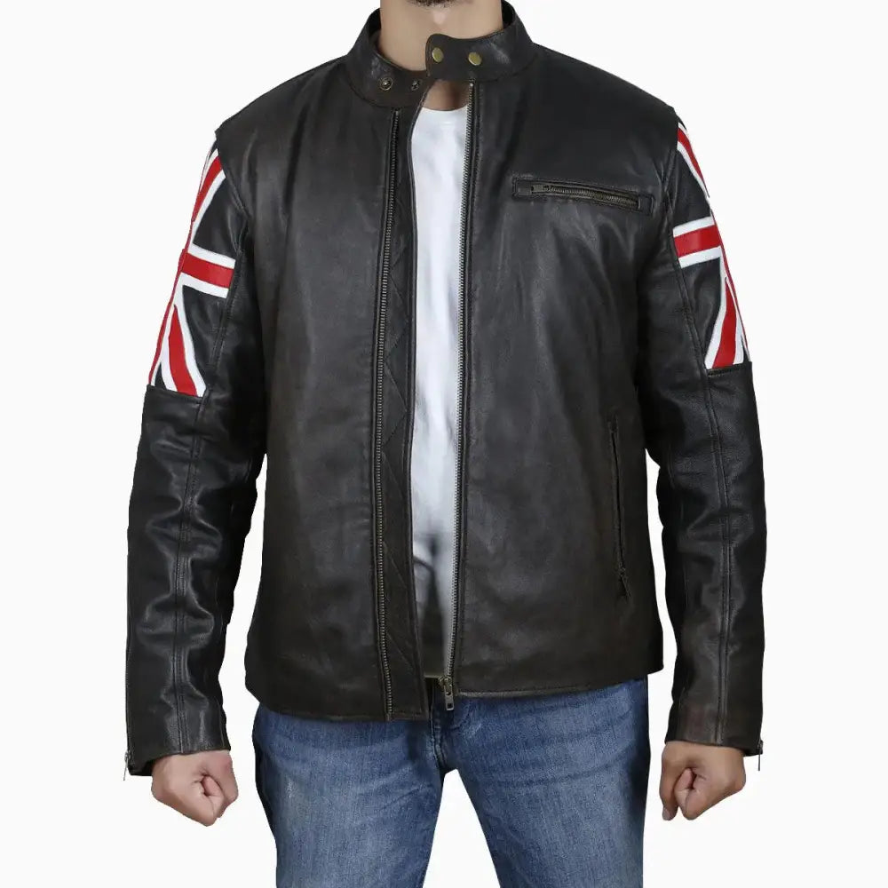 Men’s Brown Leather Jacket with Uk Flag Appliqué