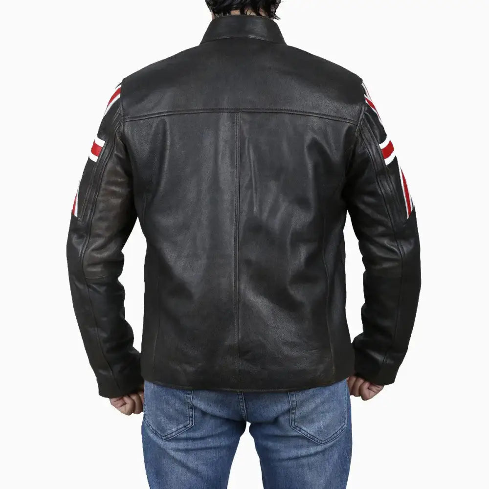 Men’s Brown Leather Jacket with Uk Flag Appliqué