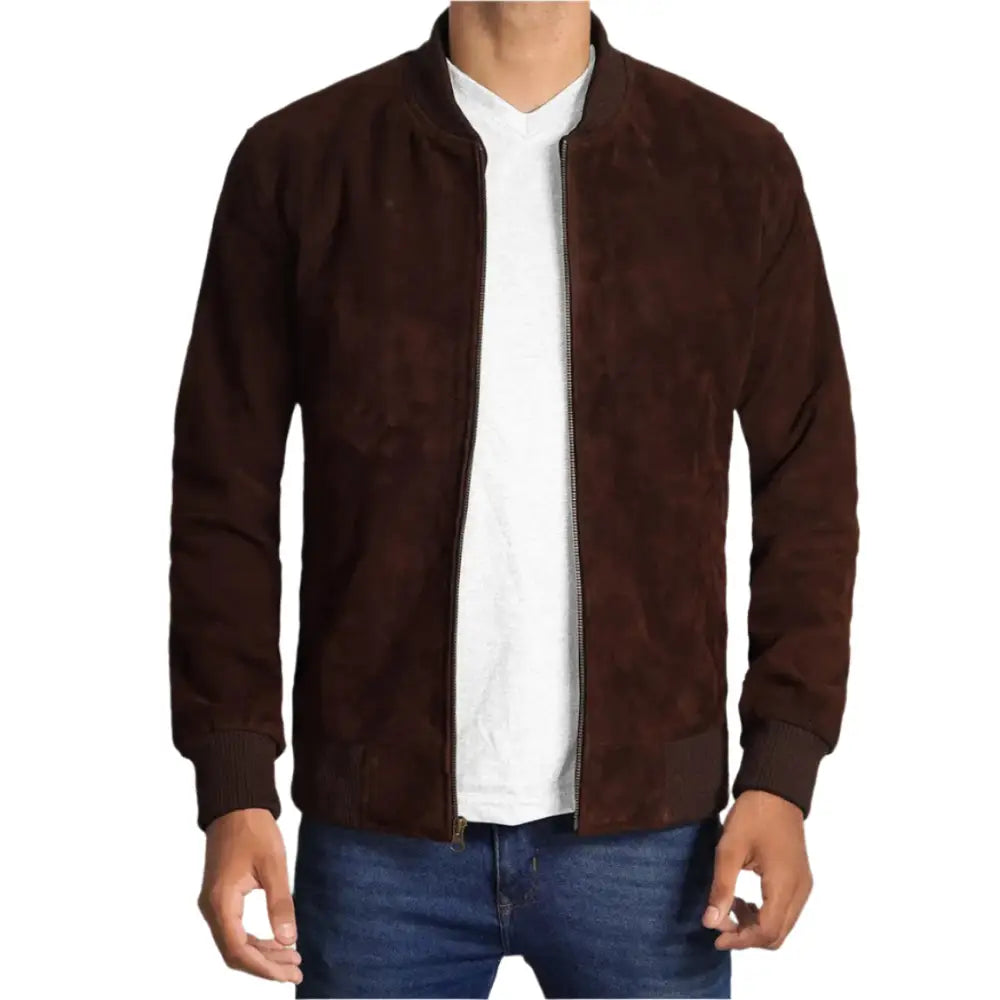 Mens Dark Brown Suede Bomber Jacket