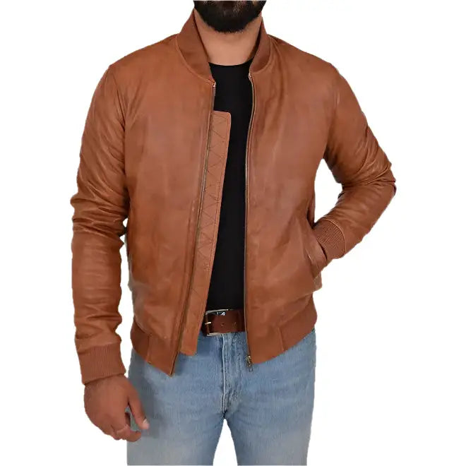 Men’s Tan Leather Varsity Bomber Jacket