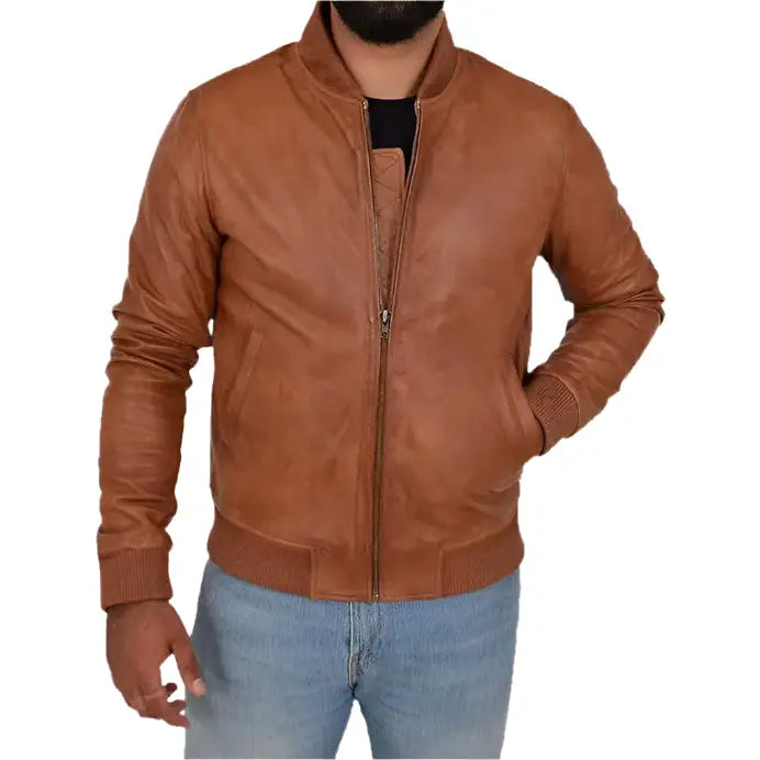 Men’s Tan Leather Varsity Bomber Jacket