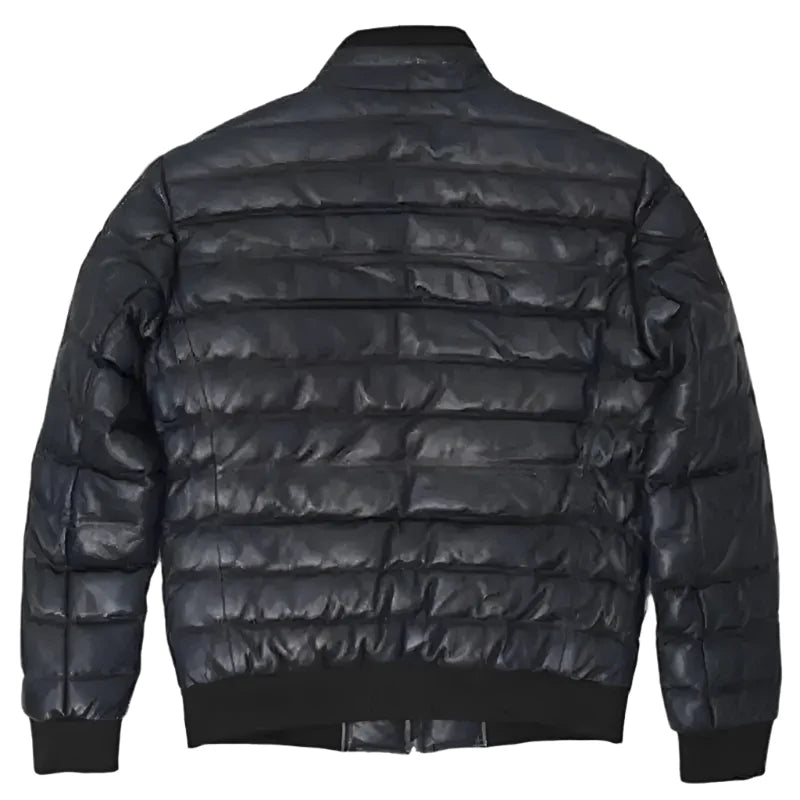 Men’s Black Leather Puffer Bomber Jacket