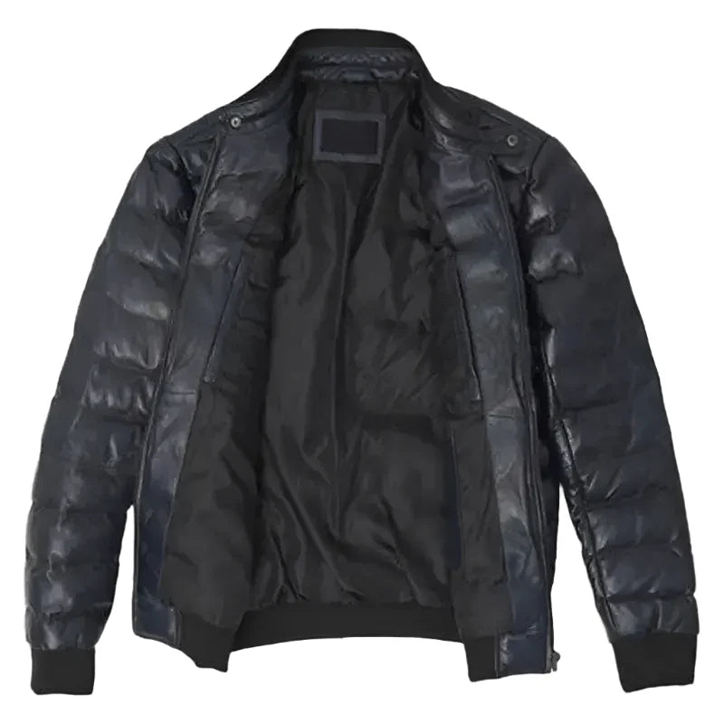 Men’s Black Leather Puffer Bomber Jacket
