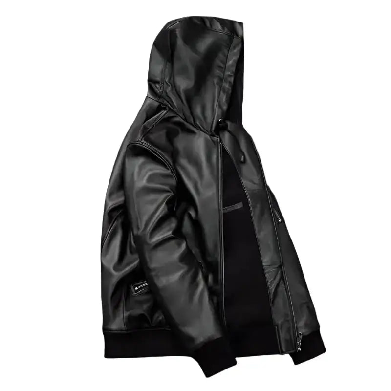 Men’s Black Hooded Leather Jacket