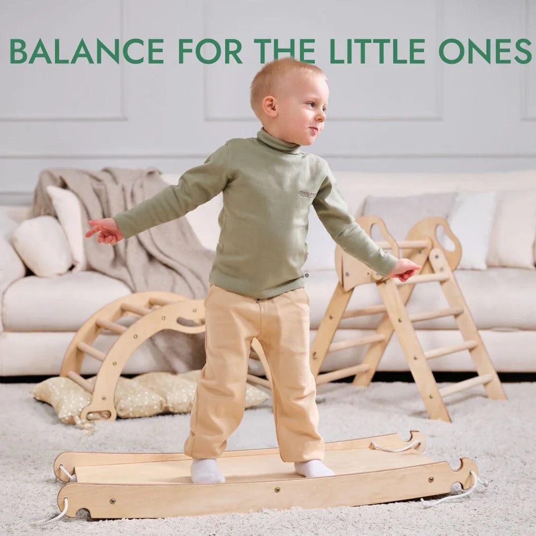 4in1 Montessori Climbing Frame: Pikler Triangle + Arch + Slide Board + Cushion for Toddlers (1–3 Years) - Ivory