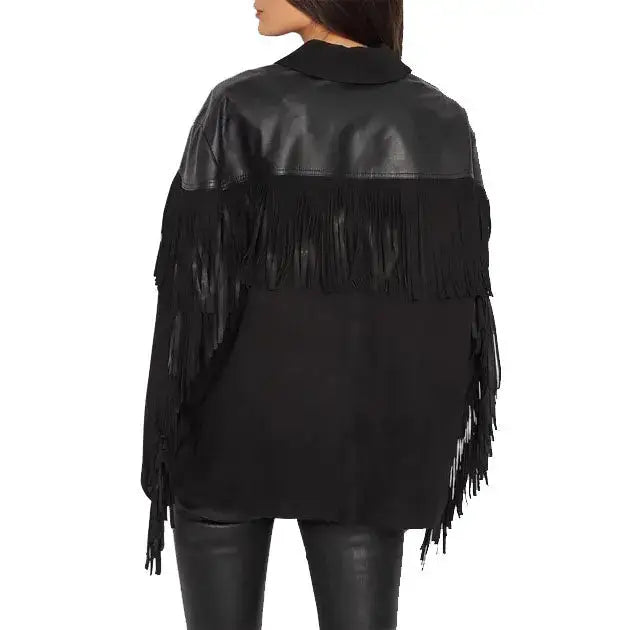 Women’s Suede Fringe Jacket with Leather Shoulders – Western Cowgirl Shirt