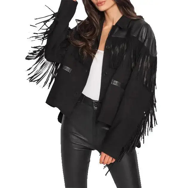Women’s Suede Fringe Jacket with Leather Shoulders – Western Cowgirl Shirt