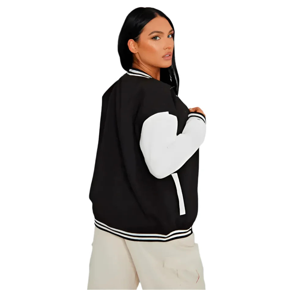 Women’s Black Leather Varsity Bomber Jacket