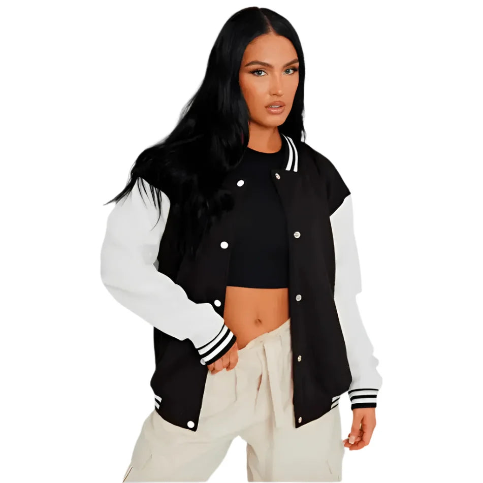 Women’s Black Leather Varsity Bomber Jacket
